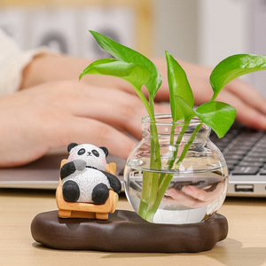 Cute Panda Hydroponic Ornament With <b>Glass</b> Vase For <b>Desk</b> Office Decor Resin Modern Design Single Piece Package - Product Image 1