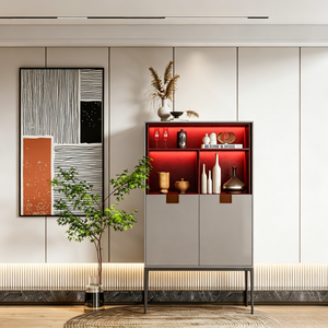 BALOM Luxury <strong>Cream</strong> Style Fluted Panel <strong>Bookcase</strong> With Tempered Glass Door LED Lighting Bedroom Storage Display Unit - Product Image 6