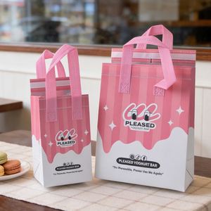 Custom Logo Cake Tote Colorful Pink Non-Woven Thermal Insulation Cooler Bag with Handle for Takeaway Food Featuring Durable Tape - Product Image 1