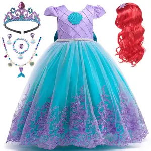 Ariel kostümleri aksesuarları Mermaid peruk taç eldiven kolye seti kızlar için cadılar bayramı Cosplay parti Mermaid Tutu elbise prenses