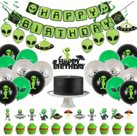 Décorations de fête d'anniversaire sur le thème des vaisseaux spatiaux, des OVNIs et des extraterrestres : Bannières, guirlandes, décorations pour cupcakes et gâteaux, ballons en latex imprimés à l'hélium, fournitures cadeaux