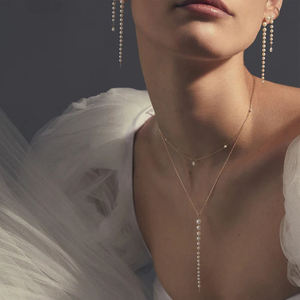 Zarif uzun tel zincir inci takı yüksek kalite 18K altın kaplama uzun kolye inci kolye küpe seti - Product Image 1