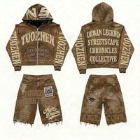 Vintage Washed Distressed Zip Hoodie Shorts Set Streetwear Grafik-Print Oversized Baggy Y2K Sommer Herren Zweiteiler Outfit