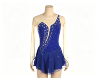 Robe de patinage artistique bleu roi en maille transparente à manches longues, dos en V profond, jupe ornée de strass, pour enfants et filles, performance scénique