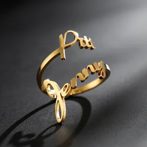 Groothandel Custom Dubbele Naam Ring Gepersonaliseerde 14K 18K Gold Rvs Verstelbare Ringen Voor Vrouwen