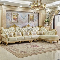 Ensemble de canapé d'angle et chaise longue en cuir de vachette doré, en bois artisanal, confortable, style royal européen, pour salon