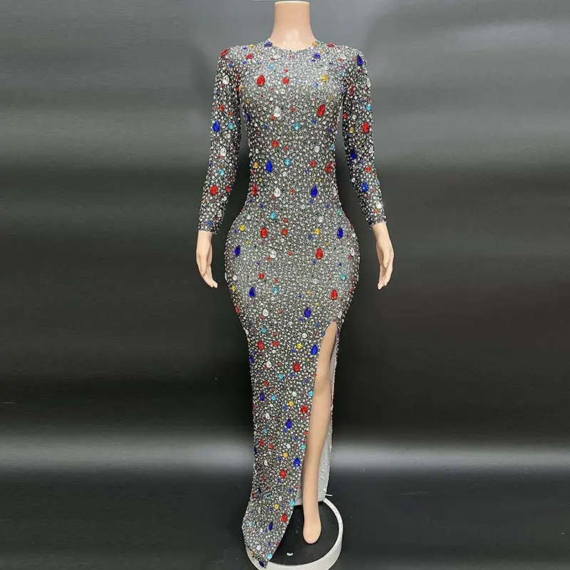 Nocance Y1767-B स्टॉक से चीन रंगीन हीरे क्रिस्टल साइड भट्ठा महिला-कपड़े कस्टम परिधान लेबल शानदार लंबी पोशाक