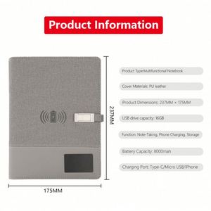 สมุดบันทึกอัจฉริยะพร้อมที่ชาร์จไร้สายแบบกำหนดเอง  สมุดบันทึกหนังพร้อมพาวเวอร์แบงค์  ไส้ในกระดาษเปลี่ยนได้ พร้อมดิสก์ USB  และตัวล็อค  เหมาะสำหรับเป็นของขวัญ - Product Image 5