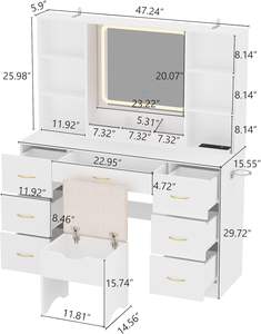 Meja rias kayu putih Modern dengan 7 laci dan cermin cahaya LED penyimpanan tahan lama - Product Image 5