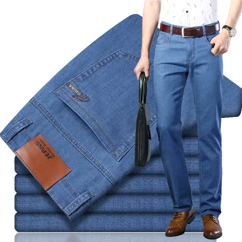 classic business casual denim pants wholesale summer stretch loose straight fit leg men's Jeans