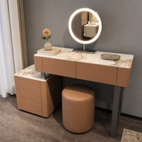 Ensemble de coiffeuse avec armoire latérale Pandora, plateau en pierre frittée, miroir LED, bois massif pour chambre à coucher, décoration intérieure
