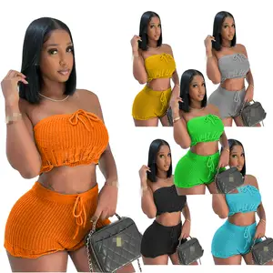 New Casual Sexy Summer Strapless Knitting Knitted Biker Ladies Two 2 Piece Set Outfit Summer Crop Top Short Sets Women Clothing