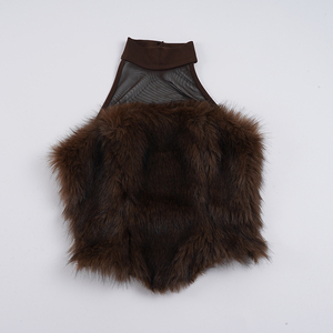 Sexy Mesh <b>Patchwork</b> Faux Fur Halter <b>Top</b> Women High Neck Slim Fit Sleeveless Clubwear Party Crop <b>Top</b> - Product Image 6