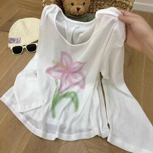 เสื้อถักผู้หญิงแขนยาวหลวมระบายอากาศได้ดีพิมพ์ลายดอกไม้สำหรับฤดูใบไม้ผลิฤดูร้อน - Product Image 1