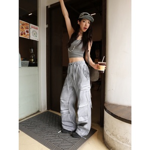 Pantaloni <span class=keywords><strong>Cargo</strong></span> da <span class=keywords><strong>Donna</strong></span> Autunnali, Stile Parachute, Larghi, Effetto Usurato, con Stampa, Vita Media, Gamba Larga, Multitasche, Casual, per Uso Quotidiano, Stile Hip Hop - Product Image 1