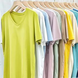 Camiseta de Algodón Mercerizado de Seda de Color Sólido para <span class=keywords><strong>Mujer</strong></span>, Ecológica, de Corte Holgado, Cuello Redondo con Cuello en V Delgado - Product Image 1