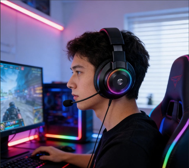 OEM GH10 Esports Gaming Headset Noise Cancelling Mic RGB LED Light 360 Immersive Stereo Sound Skin Friendly Over Ear Headphones