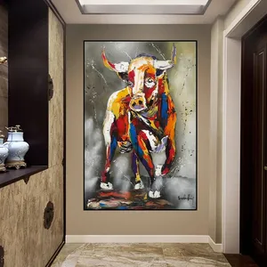 壁のアートポスターのキャンバス絵画印刷で動物の牛の落書きはオフィスの家のCuadrosの装飾のための壁の写真を印刷します
