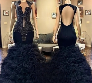 Vestido de Fiesta Largo y Elegante con Diseño de Malla y Volantes, Cuello Redondo, Estampado de Cristal, Pedrería Brillante, para Graduación - Product Image 1