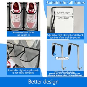 Over The Door <b>Shoe</b> Organizer 35 Pockets Hanging Storage With Metal <b>Hook</b> For <b>Shoes</b> Behind Doors On Walls Greyblack - Product Image 4