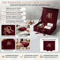 Boîte cadeau magnétique en velours bordeaux de luxe personnalisée avec monogramme en feuille d'or pour invitation de mariage et emballage de kit VIP PR