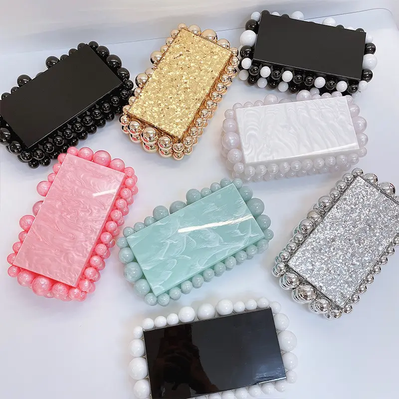 Women Clear Acrylic Box Evening Clutch Bags For Wedding Party Luxury Gold Foil Beads Purses And Handbags Designer High Quality