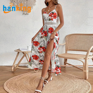 Ehanking Robe longue en mousseline de soie de Bohême pour femme Robe sexy sans manches à imprimé floral et fendue Robes longues de soirée - Product Image 4