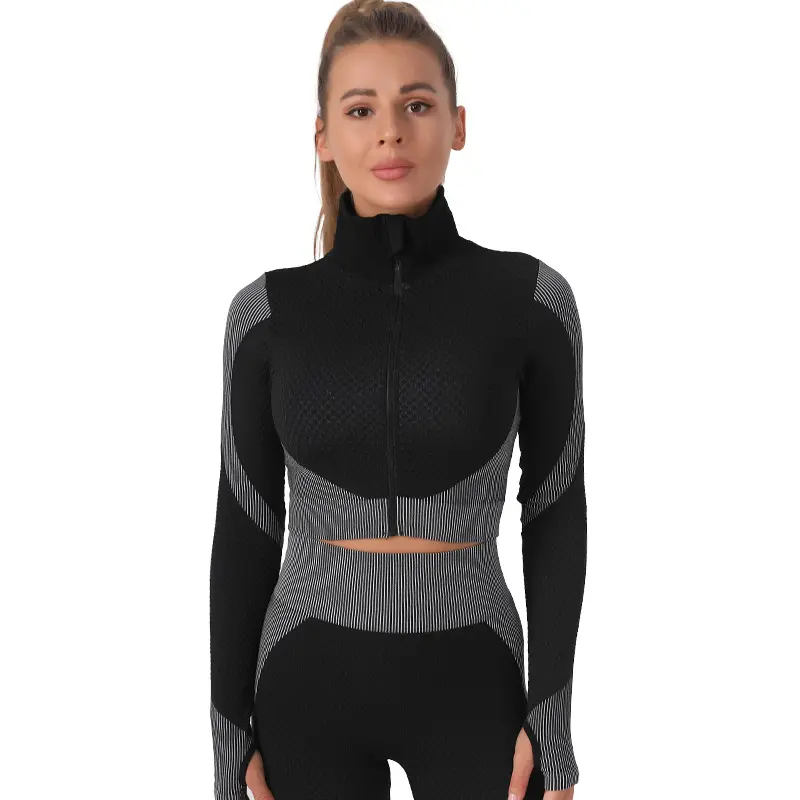 Plus Size Seamless Yoga Exercise Suit Hip Lifting Stretch Workout Clothes Women Zipper Top Color Matching Yoga Three-piece Suit