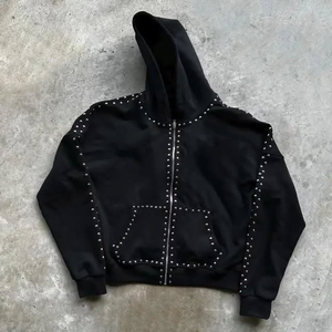 Vintage Street Oversized Zip-Up Hoodie 3D Printed Heavyweight Terry Puff with Rhinestones & <b>Rivets</b> 100% Cotton Winter Pattern - Product Image 4