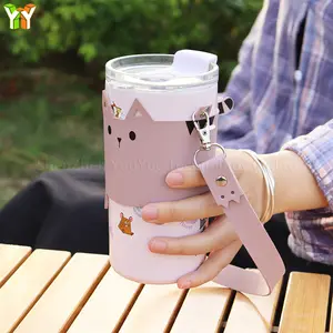 Creative PU Leather Coffee Cup Carrier Cover With Handle Cute Cat Shape Cup Sleeve Holder Custom For Travel Outdoor Activity