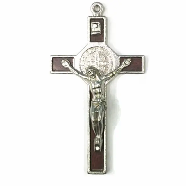 Custom wholesale metal crafts Christian religious alloy accessories wooden cross with alloy metal jesus statue