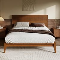 Holzplattformbett im Mid-Century-Stil mit hohem Kopfteil, Sperrholzlattenrost, kein Boxspringbett erforderlich