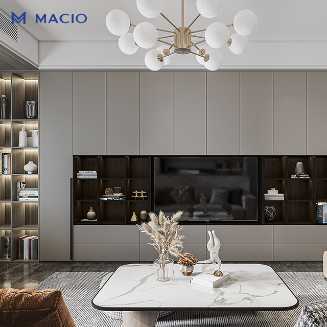 MACIO Luxury Modular Customizable Floor Standing Storage TV Stand Unit System with Open Display Shelves for Villa Project