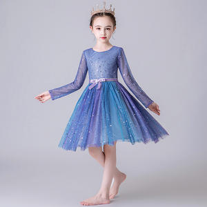 Elegante Vestido Formal de Manga Larga con Tul Azul y Pequeñas Flores para Niña, Ideal para Bodas y Fiestas - Product Image 2