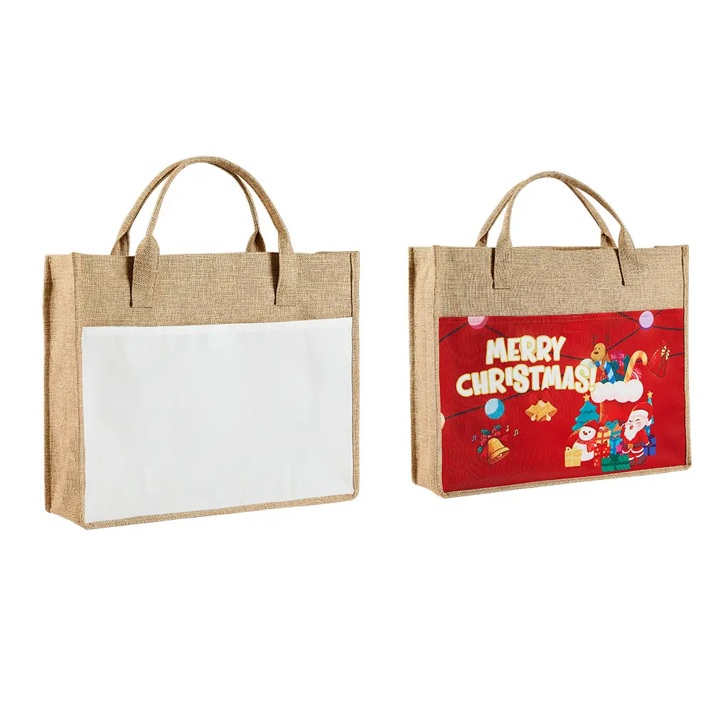 カスタムクリスマスギフト/装飾用の12.2/15インチ昇華クリスマスジュートトートショッピングバッグ