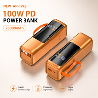 Power Bank Besar untuk Ponsel 25000 mAh, Pengisian Cepat 100W, Kabel Terintegrasi, Baterai Eksternal Besar, Charger Portabel