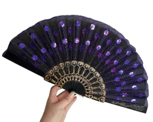 Art Folding Peacock Tail Feather Plastic Bone Sequins Carved Hand Fan Summer Accessory Crafts Print Home Decor Embroidery