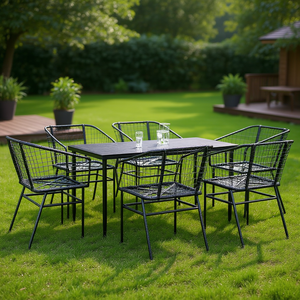 Set da Pranzo da Esterno in Polyrattan Nero, 7 Pezzi, con Struttura in Metallo, Stile Elegante, con Piano in Vetro - Product Image 2