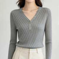 Modischer Einfacher Stil Langarm-Strickpullover mit Vertikaler Rippstruktur und Henley-Knöpfen für Damen Lässiger Alltags-Strickpullover