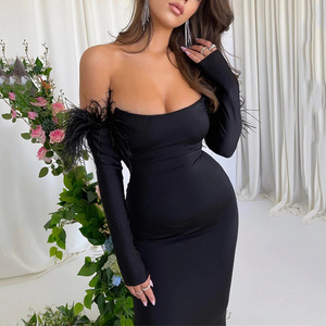 Robe de soirée noire à épaules dénudées, manches longues, dos nu, détail plumes, couleur unie, robe de cérémonie pour femme - Product Image 1