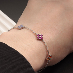 Fine Four Leaf <b>Clover</b> 925 Sterling Silver Chain Link <b>Bracelet</b> with Bezel Set Colorful Zircon Ladies Handmade Customer Jewelry - Product Image 3