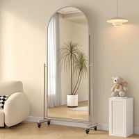 Miroir sur pied moderne en acier inoxydable, arqué, pleine longueur, avec roulettes, pivotant à 360°, angle réglable, pour boutique
