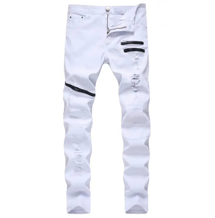 2020 Foreign trade new European and American men's zipper casual jeans three-color ripped zipper slim straight leg men's pants