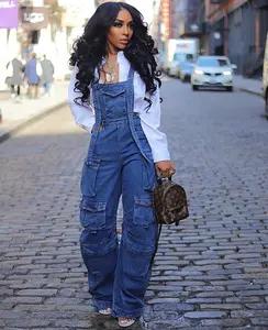 OUDINA Women Fashion Streetwear Loose Denim Multi-pocket Casual Wide Leg Overalls Denim Jean Jumpsuit Cargo Women's Jumpsuits