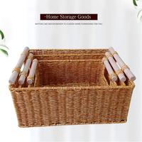 Panier de rangement en rotin PP tissé à la machine avec poignées en bois massif, empilable, rectangulaire, imperméable, écologique, moderne et minimaliste pour jouets