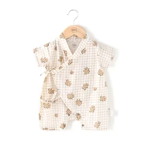 2023 nouveau-né bébé vêtements Onesie 100% coton bio kaki Plaid bébé fille été combinaison bébé Kimono pull barboteuse
