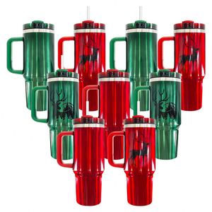 Gobelet H2.0 40 oz avec poignée, motifs Bonhomme de neige, Sapin de Noël, Père Noël, couleurs rouge et vert, pour impression par sublimation - Product Image 3