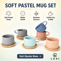 Ensemble de tasses à latte et cappuccino en céramique mate pastel avec soucoupe en bambou, style nordique, large ouverture, logo personnalisé, vente en gros, mug à café, cadeau