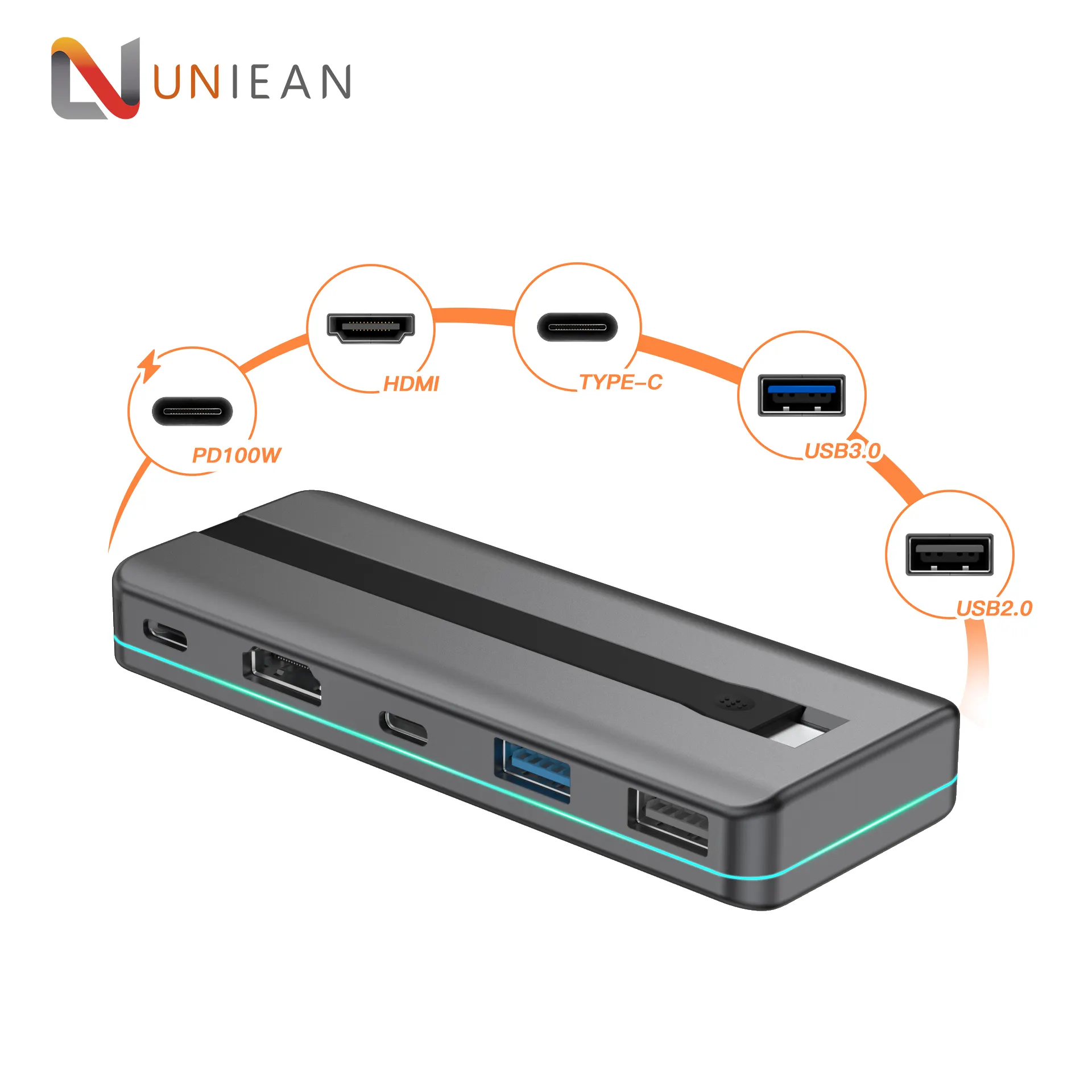 Personalizado OEM Tipo-C PD 100W Carga rápida USB 3,0 Hub Tipo-C Estación de acoplamiento Divisor Adaptador de concentrador de USB-C Transferencia de datos de teléfono portátil