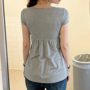 Camiseta de Mujer Gris con Encaje, Cuello Cuadrado, Cintura Ajustable, Estilo Babydoll, Casual, Holgada, Manga Corta, Novedad Verano 2026 - Product Image 5